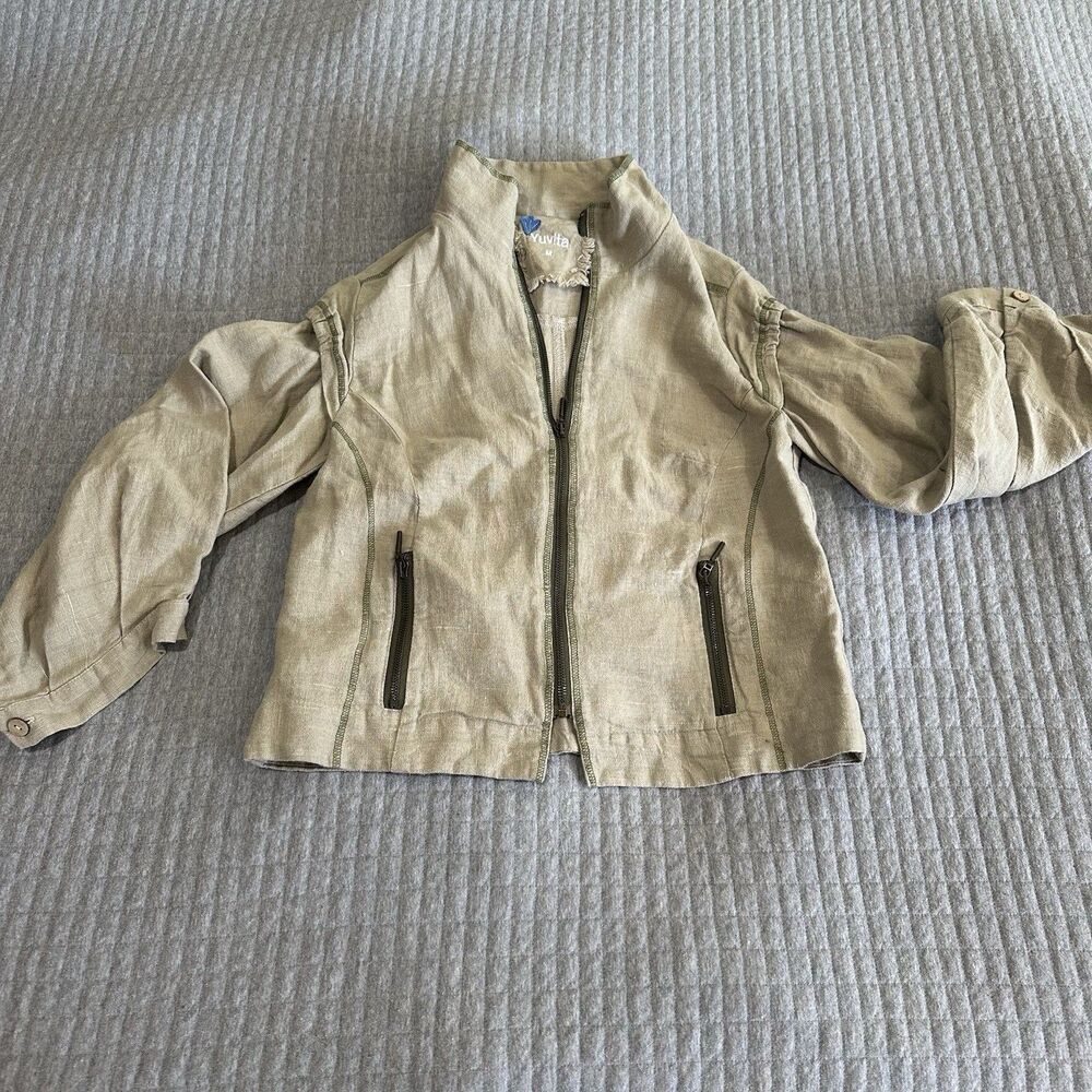 Yuvita Beige 100% Linen Zip Jacket M Women Pockets Button Cuffs Ruched Sleeves